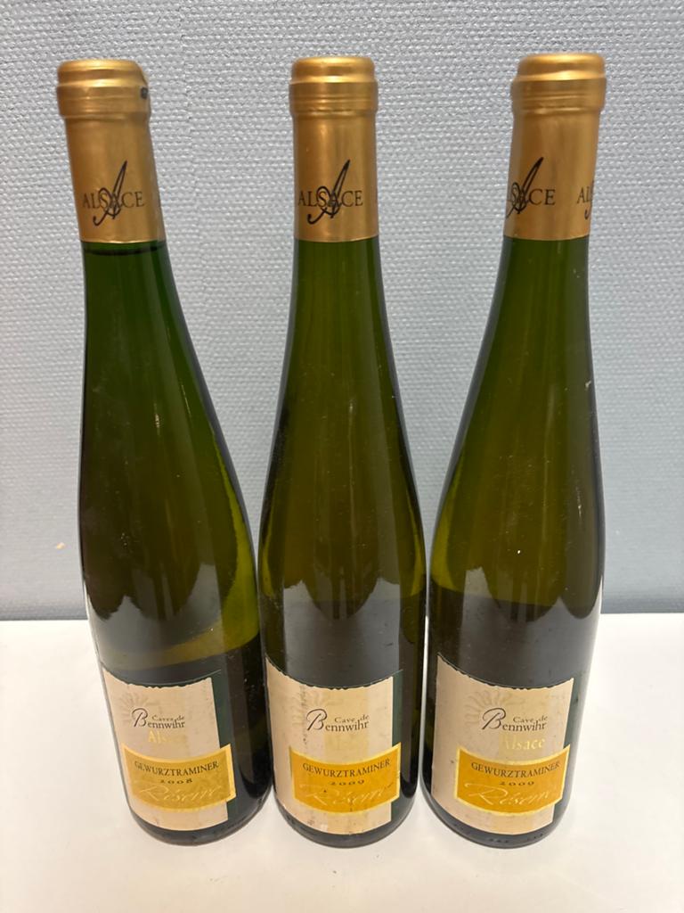 3 flessen Cave de Bennwihr Alsace Gewurztraminer 2009, Gebruikt, Frankrijk, Ophalen of Verzenden, Witte wijn