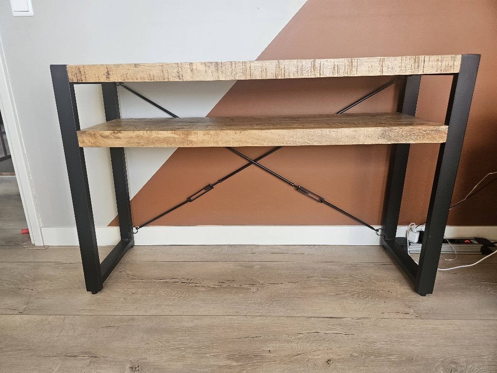 Sidetable tv kastje, 100 tot 150 cm, Mangohout met zwart staal, Zo goed als nieuw, Ophalen