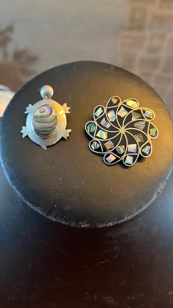 Vintage Zilveren Broches en hanger met Abalone Inleg, Sieraden, Tassen en Uiterlijk, Broches, Ophalen of Verzenden, Gebruikt, Minder dan 4 cm