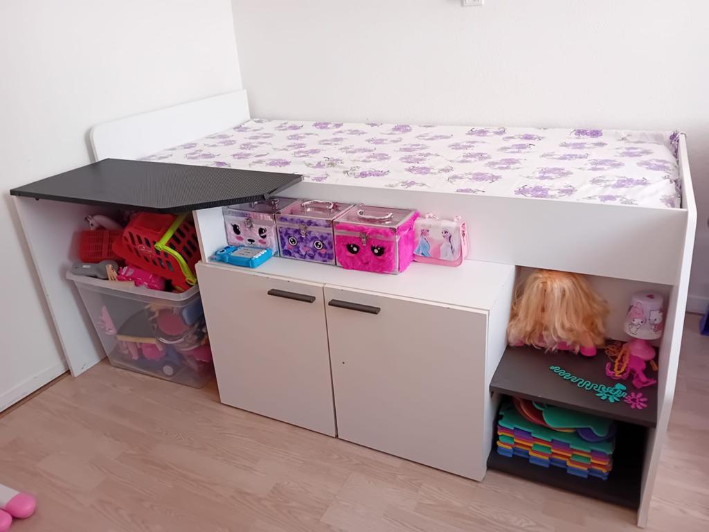 Kinderbed met opbergruimte en uitschuifbaar bureau, Ophalen of Verzenden, Gebruikt, 180 cm of meer, 85 tot 100 cm