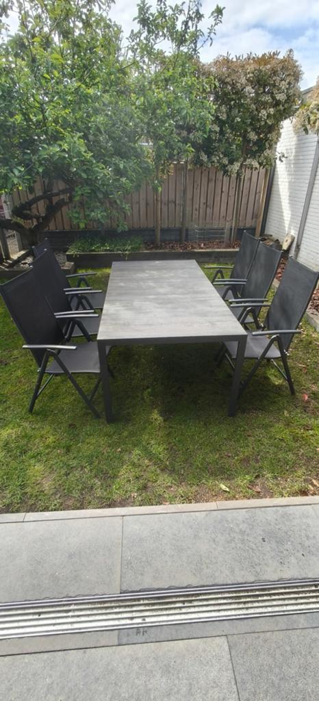 Tuinset met 6 stoelen - Antraciet aluminium en kussens, Tuin en Terras, Tuinsets en Loungesets, Ophalen, Gebruikt, 6 zitplaatsen