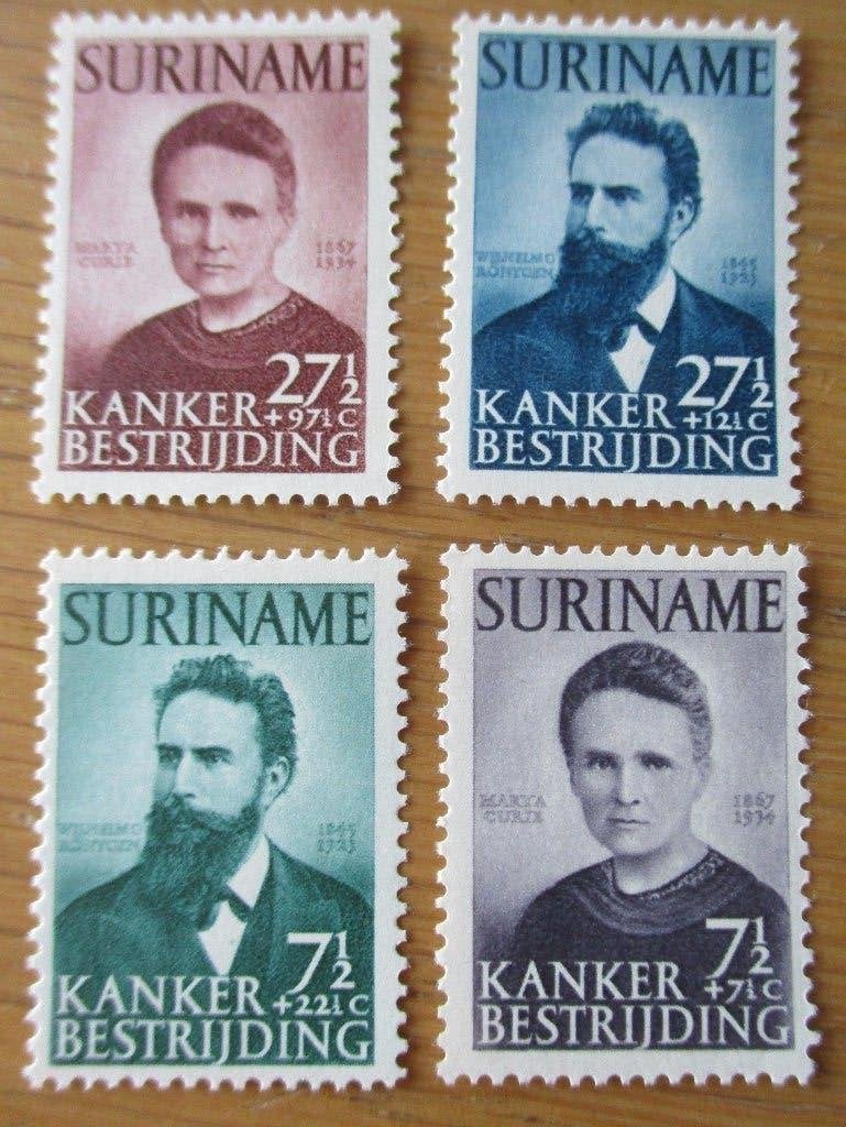 Suriname, toeslagserie Marie Curie en Wilhelm Röntgen, 1950, Postzegels en Munten, Verzenden