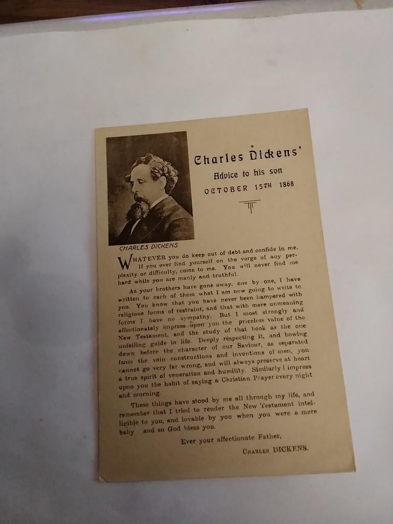 CHARLES DICKENS / Advice to his son oktober 1868, Verzamelen, Ophalen of Verzenden, Sterren en Beroemdheden