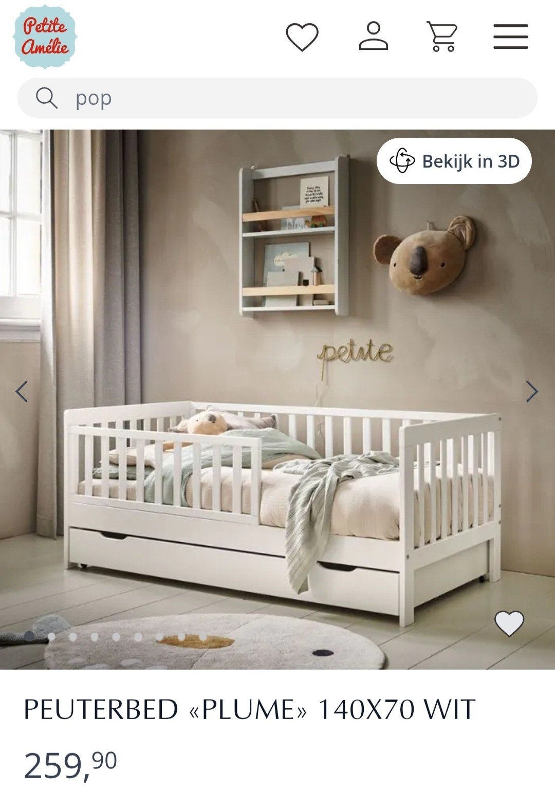 Peuterbed Petit amelie "PLUME" 140x70 Wit, Ophalen, 140 tot 160 cm, 70 tot 85 cm, Lattenbodem