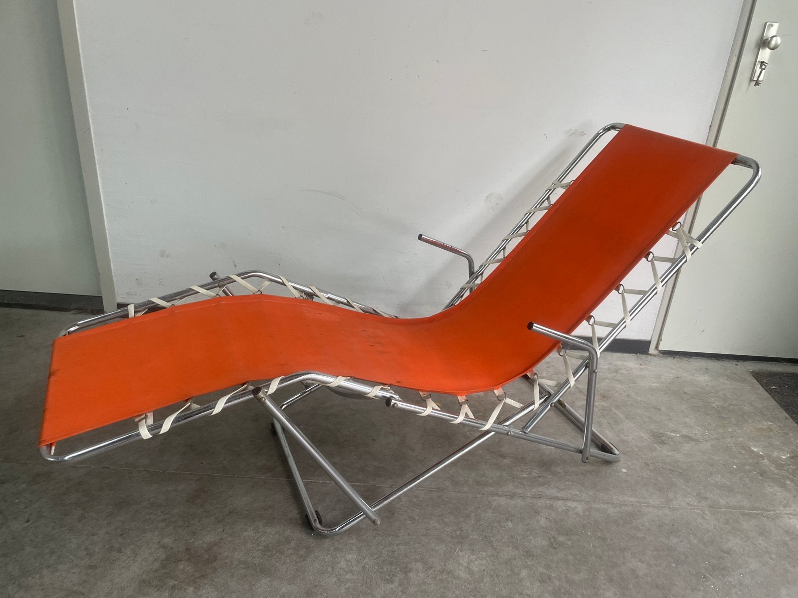 Vintage Ligstoel Oranje Chroom - Inklapbaar, Tuin en Terras, Ophalen, Gebruikt, Metaal, Inklapbaar