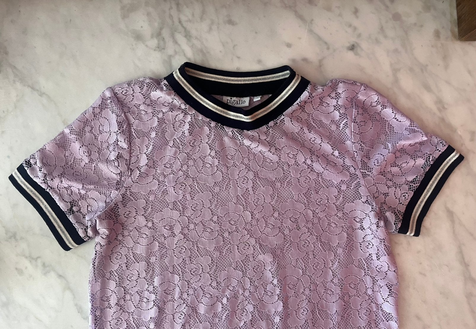 Leuk doorzichtig lila shirt Pigalle S, Verzenden, Korte mouw, Roze, Maat 36 (S)