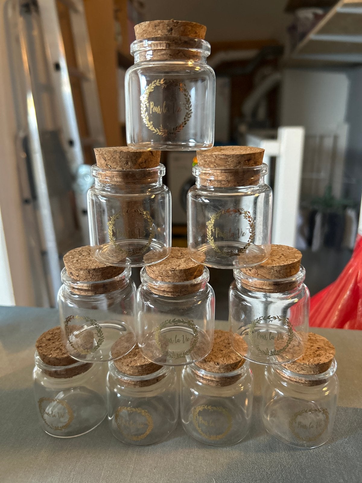 Glazen potjes met kurk en 'Pour la Vie' opdruk (10 stuks), Ophalen of Verzenden, Nieuw, Meerkleurig, Glas