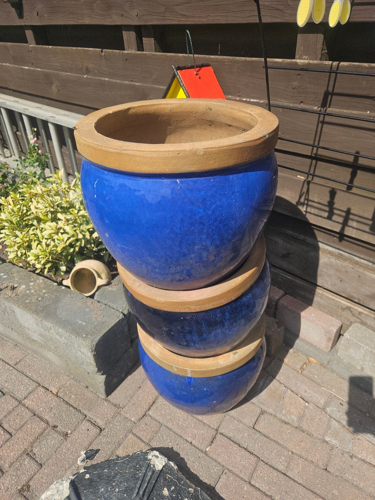 Set van 3 blauwe bloempotten,, Tuin en Terras, Ophalen, Overige materialen, Gebruikt, Minder dan 60 cm