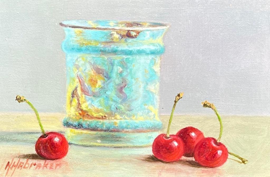Schilderij oud glas en ekersen op tafel. Hans Habraken., Ophalen of Verzenden