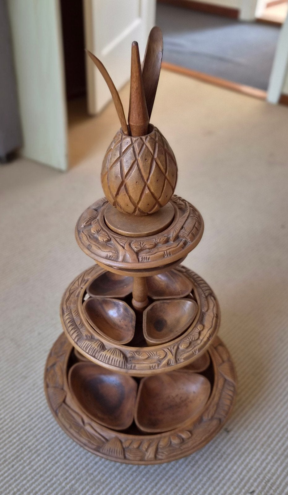 Vintage houten etagere met ananas decoratie, Ophalen of Verzenden
