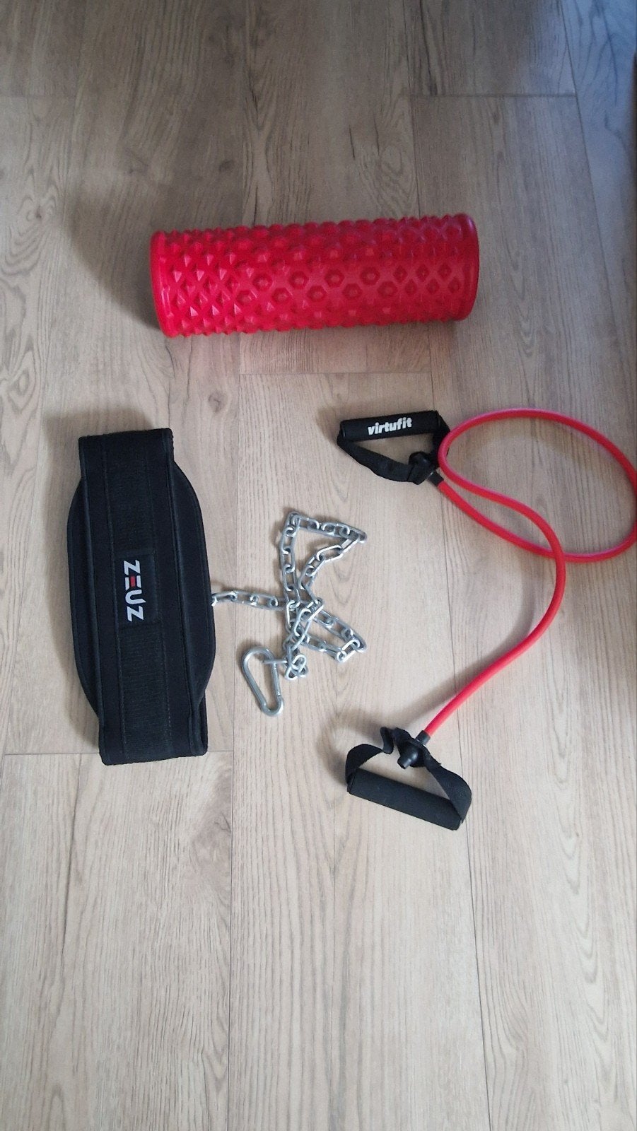 Fitness accessoires:Dipping belt, weerstandsband, foamroller, Ophalen of Verzenden, Zo goed als nieuw, Benen, Weerstandband