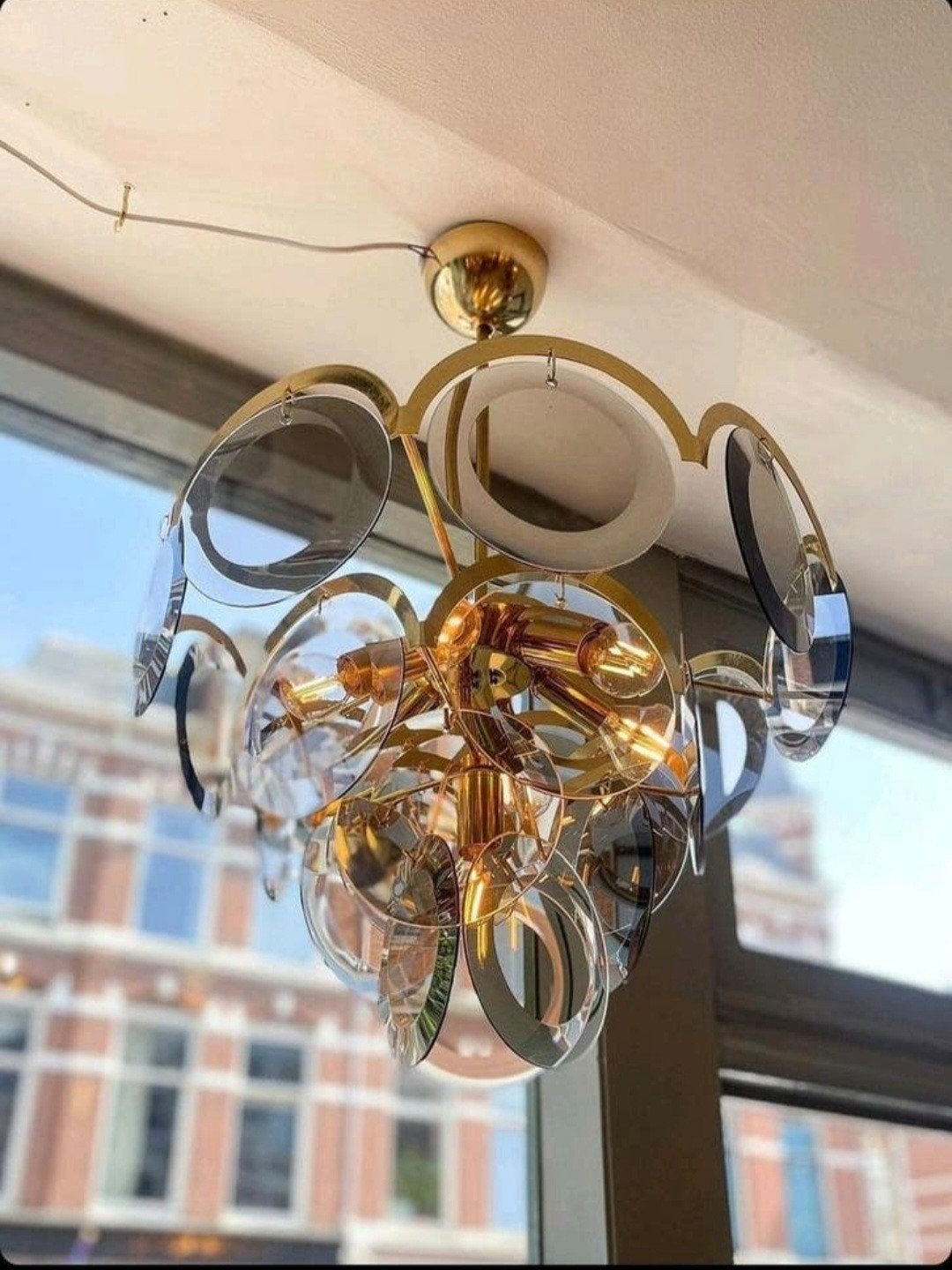 Italiaanse Vistosi jaren 60 kroonluchter met rookglas, Ophalen, Gebruikt, Glas, Vintage