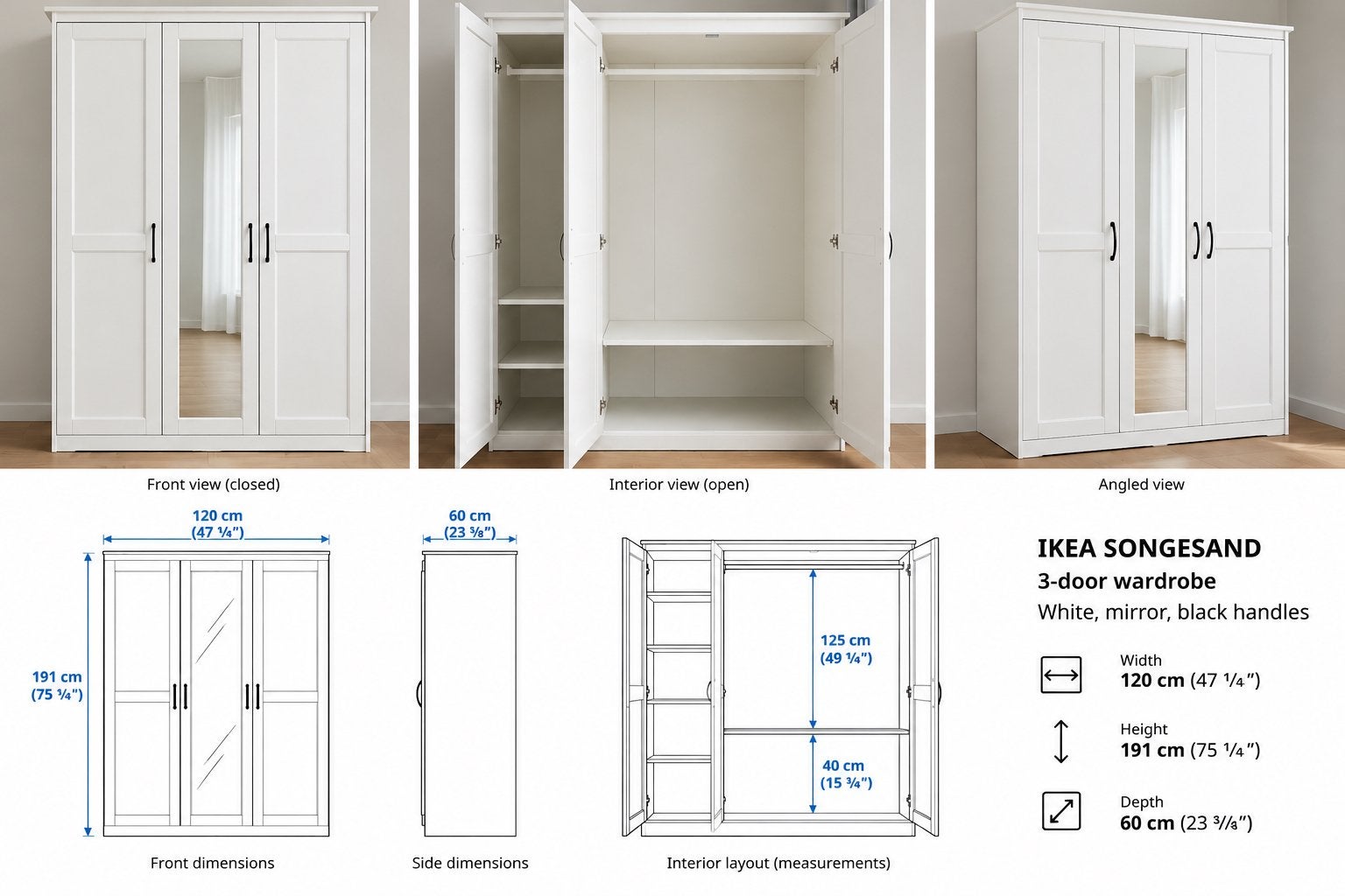 IKEA SONGESAND kledingkast – 3 deuren – zo goed als nieuw, Ophalen, 100 tot 150 cm, Zo goed als nieuw, 150 tot 200 cm