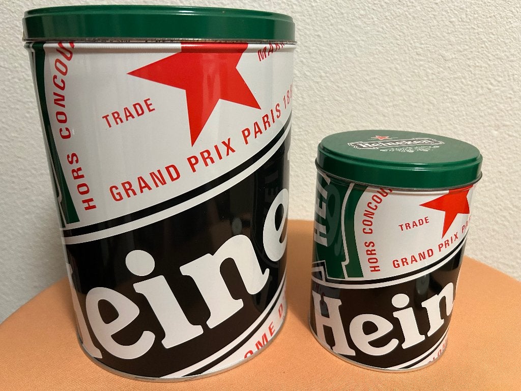 Heineken bewaarblikken 24 en 15 cm hoog, Verzamelen, Biermerken, Ophalen, Nieuw, Reclamebord, Plaat of Schild, Heineken