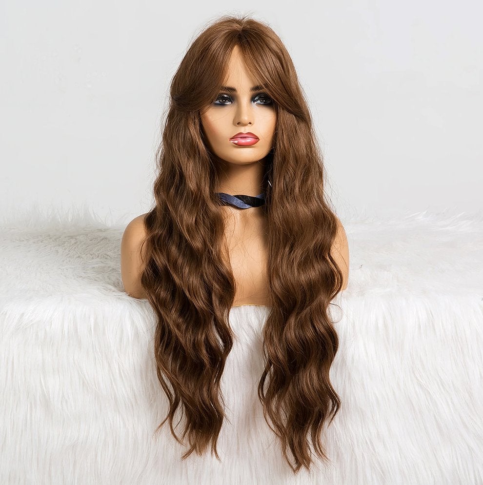 Donker Bruine Lange Pruik Met Slag Bruin Haar Haren Dames, Verzenden, Nieuw, Pruik of Haarverlenging