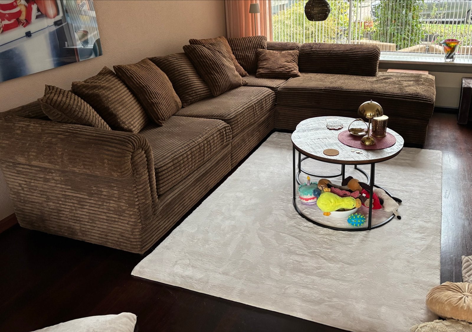 Rofra Hoekbank - bruine ribstof - 340 x 260 cm, Ophalen, Gebruikt, 100 tot 125 cm, Hoekbank