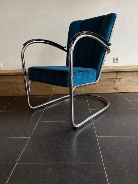 Gispen 412S  fauteuil, chroom, nieuwe petrol ribstof, Design, 75 tot 100 cm, Zo goed als nieuw, Stof