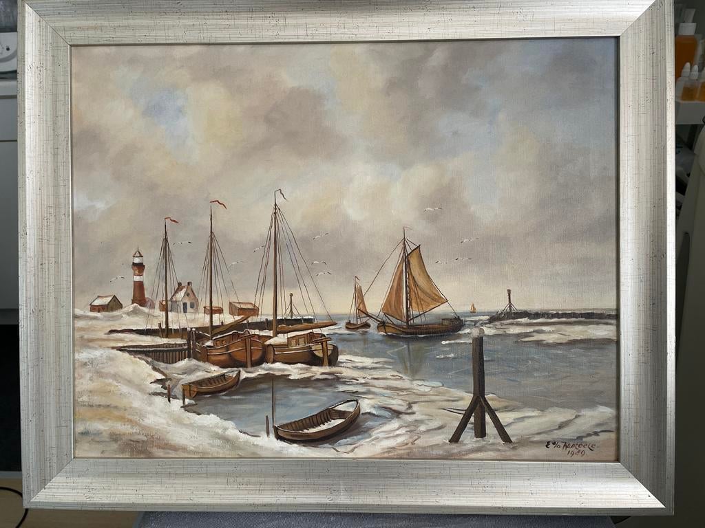 Schilderij: Winterlandschap met boten en vuurtoren, Ophalen of Verzenden