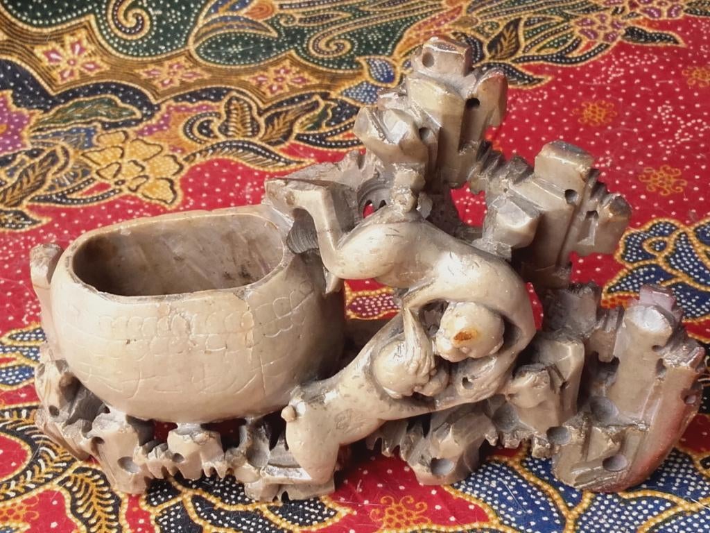 Mooie originele oude Chinese inktpot met apen 17 cm., Ophalen of Verzenden