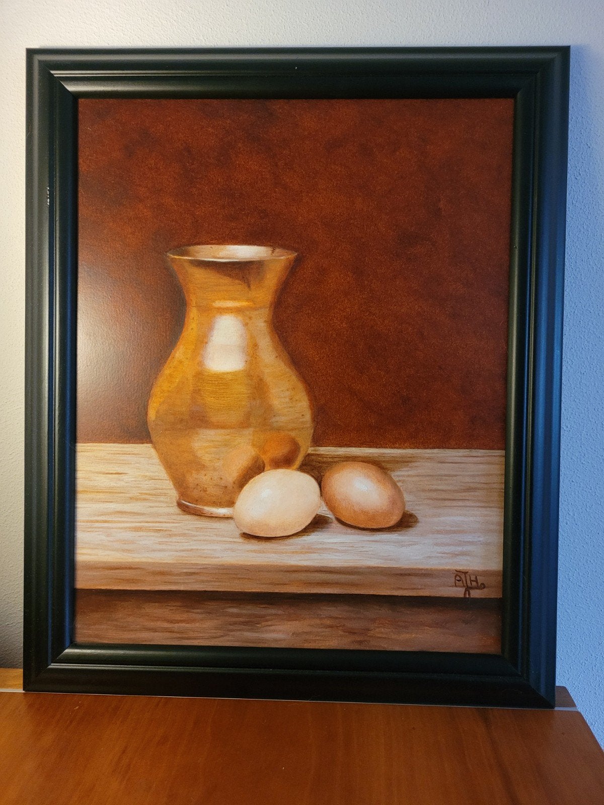 Echt schilderij stilleven houten paneel eieren gesigneerd, Ophalen of Verzenden