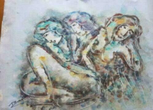 Zeldzaam schilderij Calvin Waller BURNETT 3 x naakte vrouwen, Ophalen