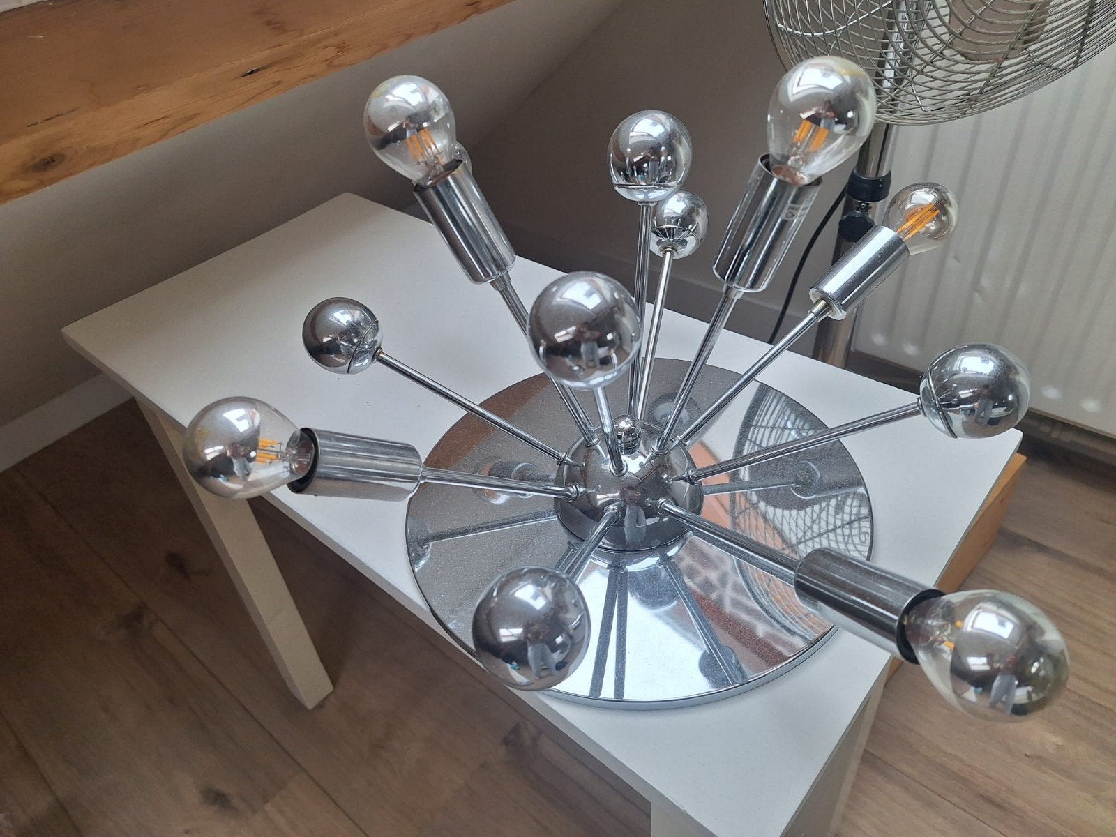 Vintage Sputnik Tafellamp - Chroom - 30 cm doorsnee, Gebruikt, Vintage, 28 cm, E14 (klein)