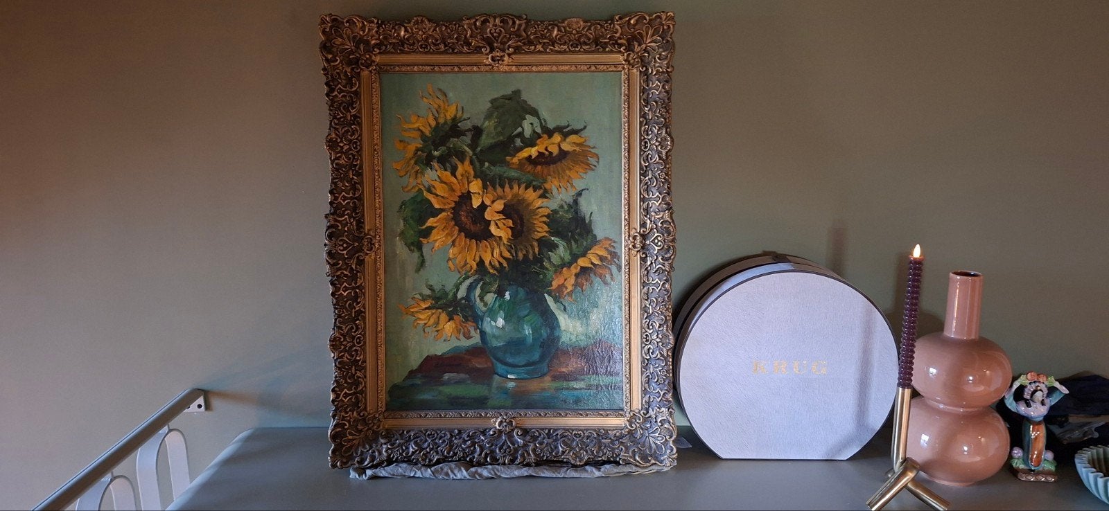 Schilderij met zonnebloemen in gouden lijst, Bijzondere lijst, Doek, Realistisch, Olieverf