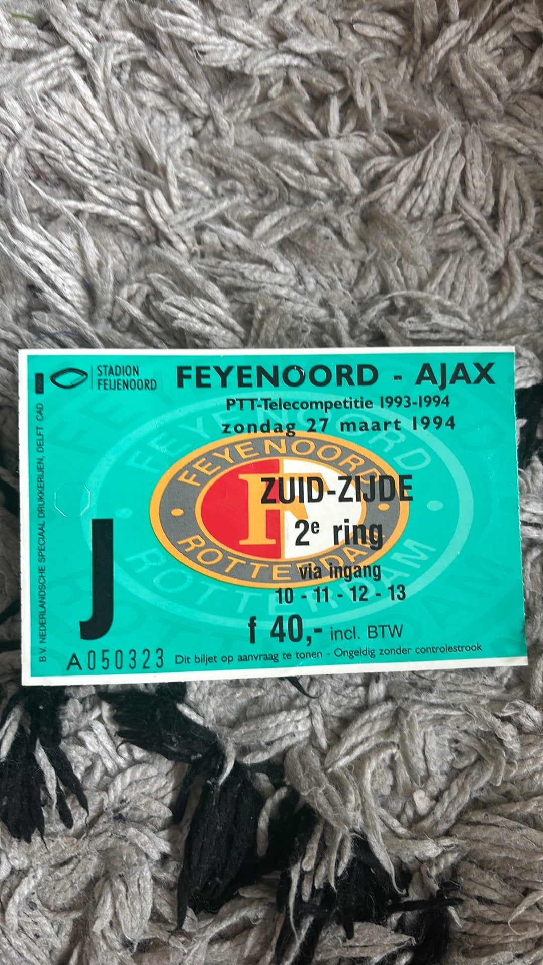 Oud stadionticket feyenoord ajax 1994, Verzamelen, Sportartikelen en Voetbal, Ophalen of Verzenden, Zo goed als nieuw, Ajax