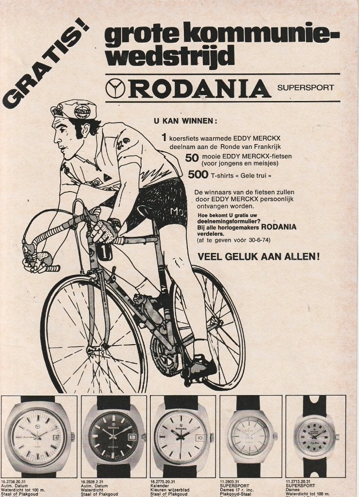 retro reclame 1974 Rodania horloge win Eddy Merckx fiets, Verzenden, Overige typen