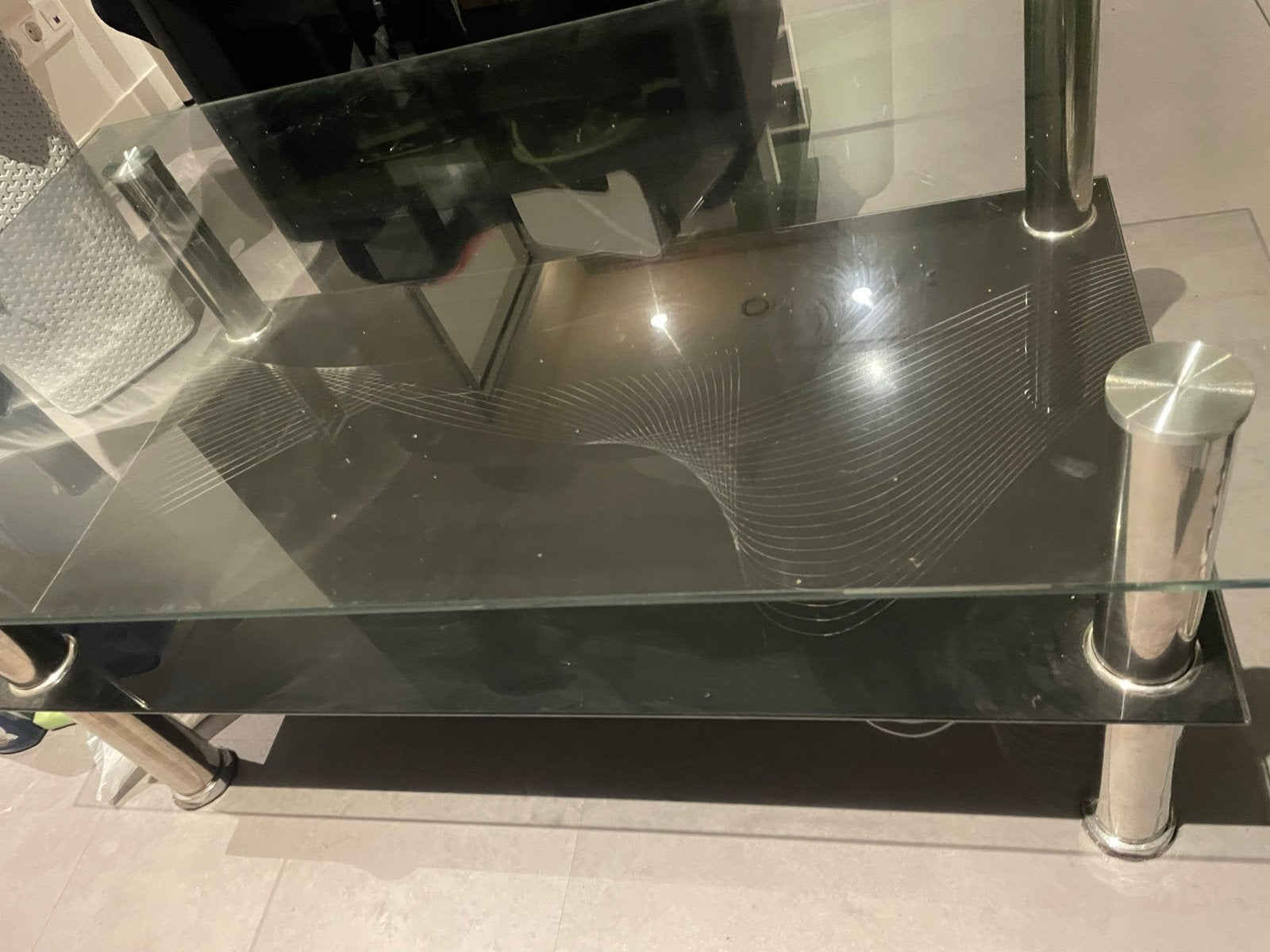 Moderne salontafel van glas en metaal, Ophalen, Gebruikt, 100 tot 150 cm, 50 tot 100 cm