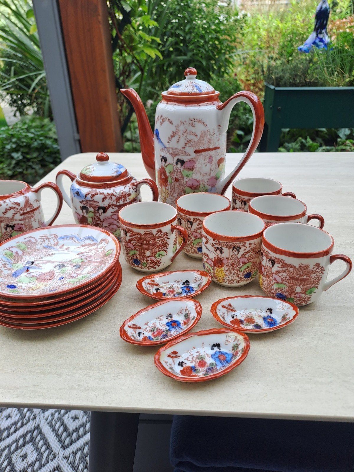 Vintage Japans theeservies - Handgeschilderd met geisha's, Antiek en Kunst, Ophalen of Verzenden