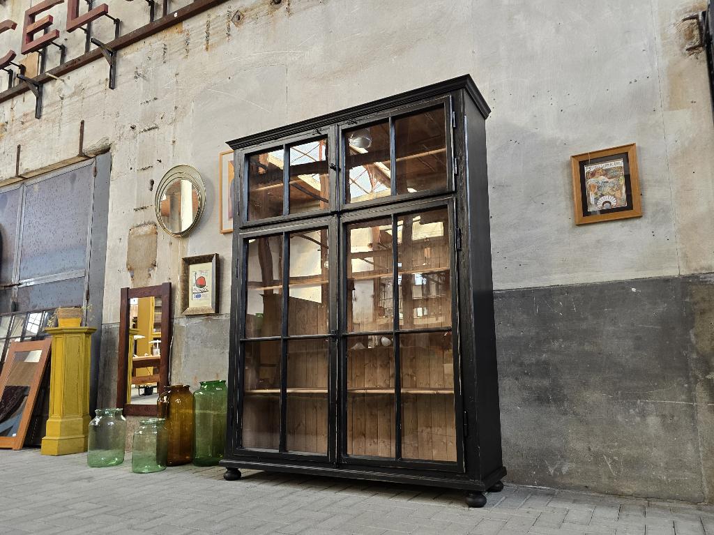 XL Vintage Houten Vitrinekast Zwart | Grote Vitrine Kast 5, Antiek Retro Vintage Brocante Landelijk, 200 cm of meer, 150 tot 200 cm