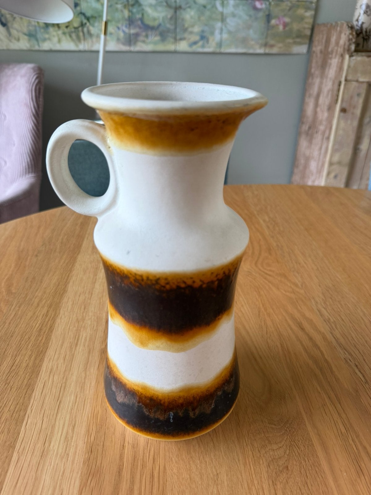 Vintage keramieken vaas – jaren 70 – bruin/oker druipglazuur, Ophalen of Verzenden
