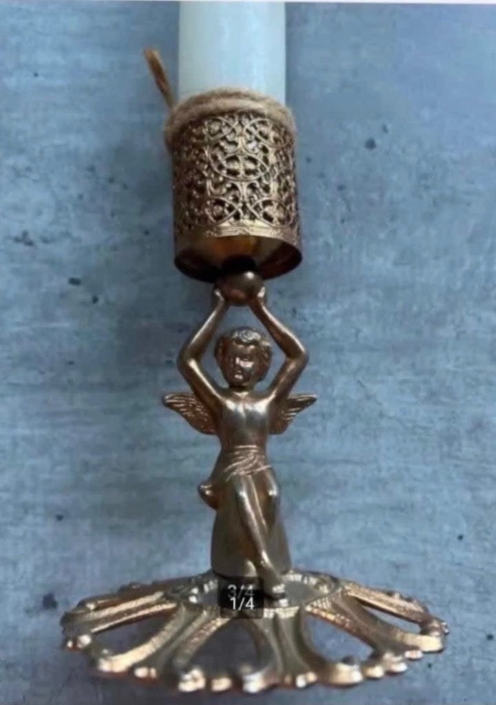 Brocante Koperen Kandelaar met Engel 13 cm, Ophalen of Verzenden, X, Kandelaar, X