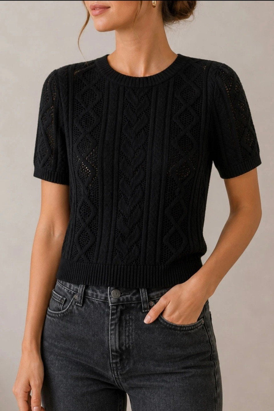 OBJECT 🖤 Zwart pointelle gebreid shirt - maat S, Zwart, Object, Ophalen of Verzenden, Zo goed als nieuw