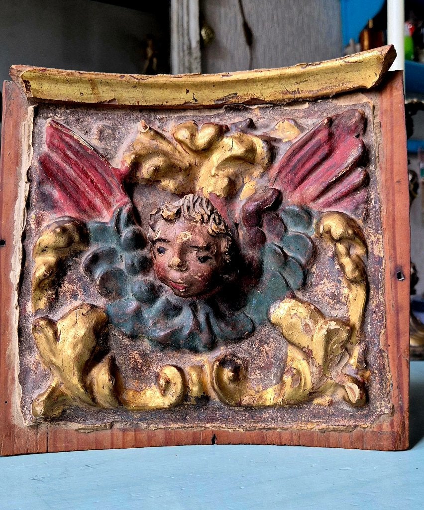 17e eeuws beeld, Cherubijn , gepolychromeerd, Antiek en Kunst, Houtsnijwerk, Verzenden, Handgemaakt, 20 - 50 cm