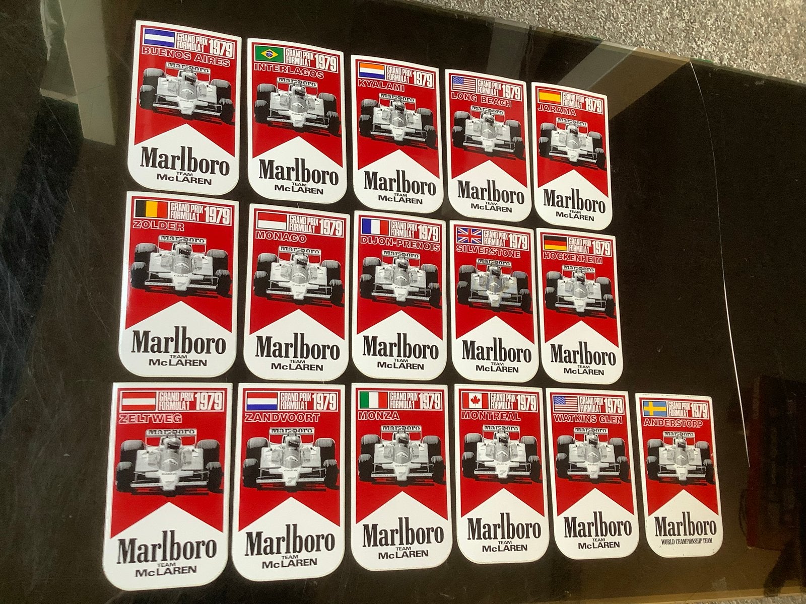 16 Stickers Marlboro F1 1979 Grand Prix. Complete set., Ophalen of Verzenden, Zo goed als nieuw, Formule 1