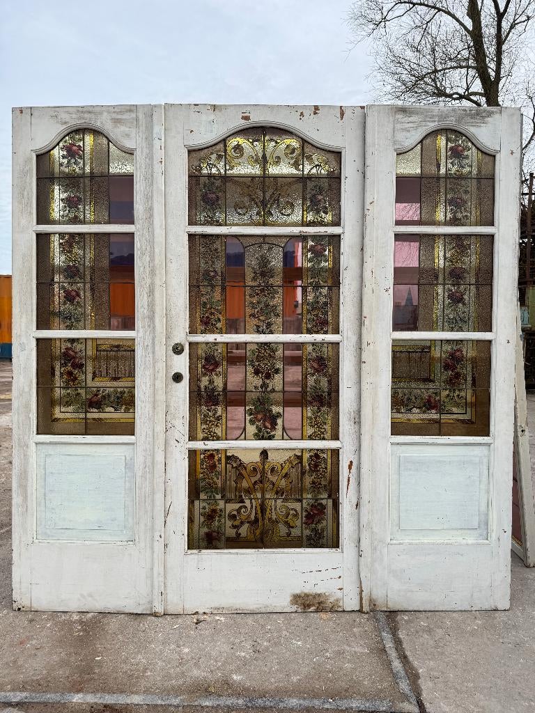 Set Jugendstil glas in lood deur met zijramen 204x204cm., Ophalen