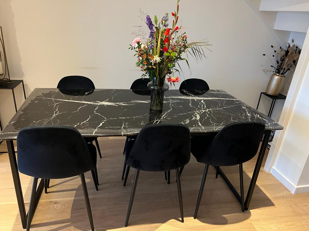 Luxe marmer eettafel + 6 stoelen + salontafel | Zwart, Zo goed als nieuw, Vijf personen of meer, Metaal, Rechthoekig