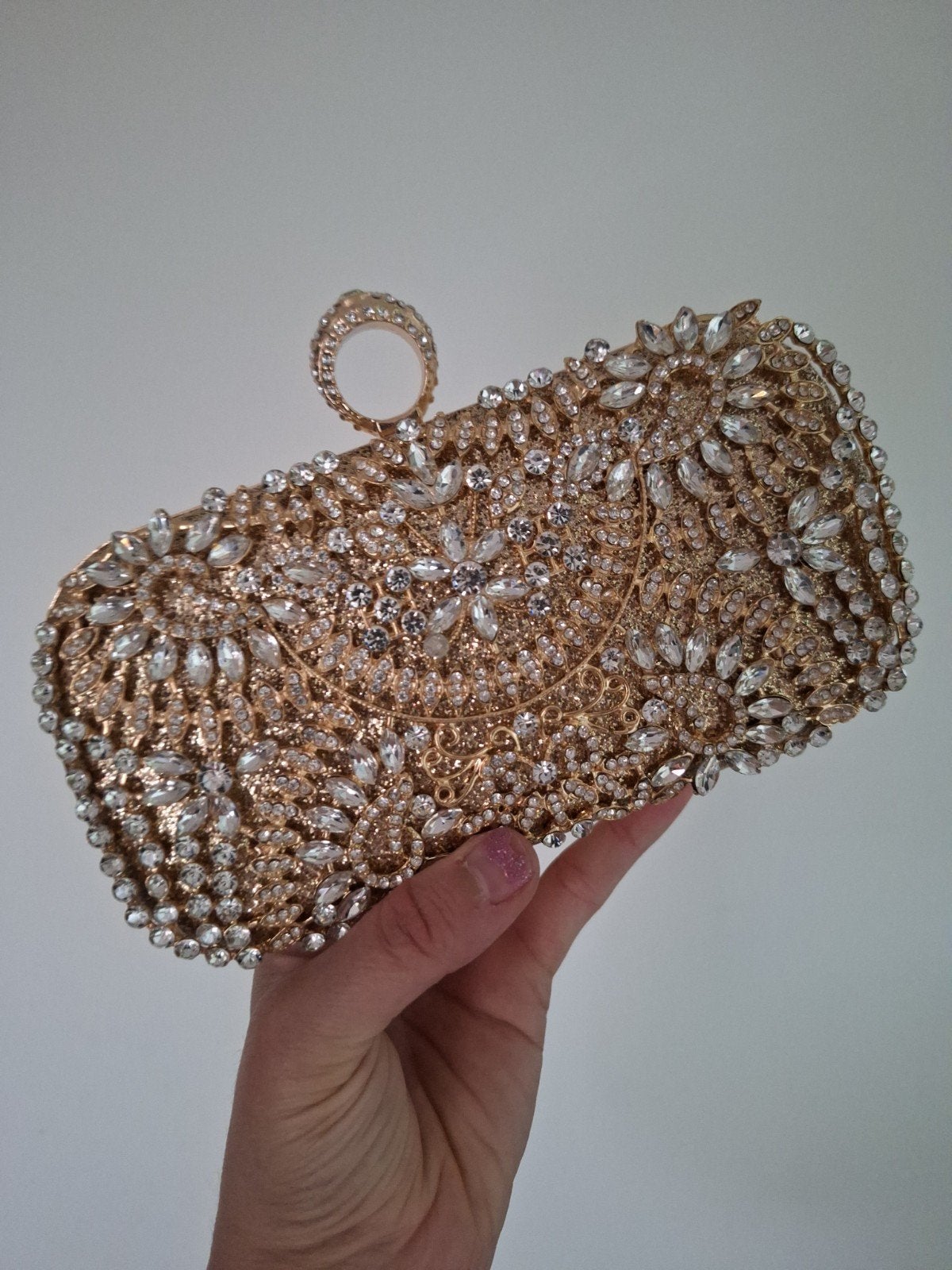 Gouden Avondtasje met Strass en Ringhandvat, Ophalen of Verzenden