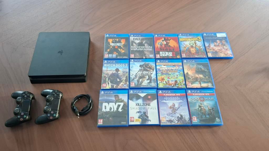 PS4 Slim 1TB + 2 controllers + 13 games, Ophalen of Verzenden, Zo goed als nieuw, Met 2 controllers, Slim