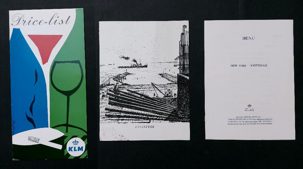 KLM prijslijst en menukaarten jaren 50 (K751), Verzamelen, Ophalen of Verzenden, Gebruikt, Boek of Tijdschrift