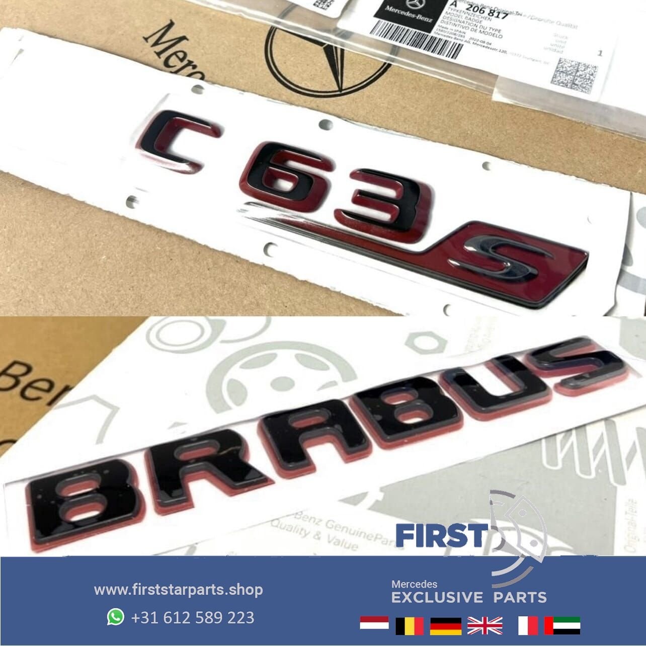 W205 W206 C63s BRABUS ROCKET LOGO’S ZWART / ROOD ACHTERKLEP, Gebruikt, -, Ophalen of Verzenden, Achter