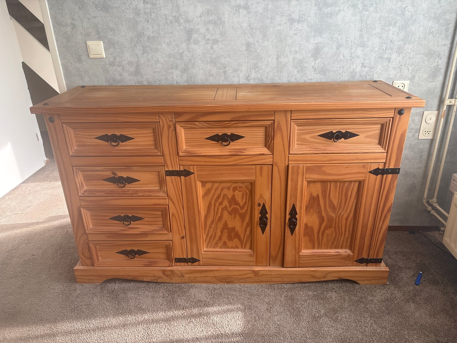 Geloogd grenen dressoir met lades en deuren, Ophalen, Gebruikt, 150 tot 200 cm, Met lade(s)