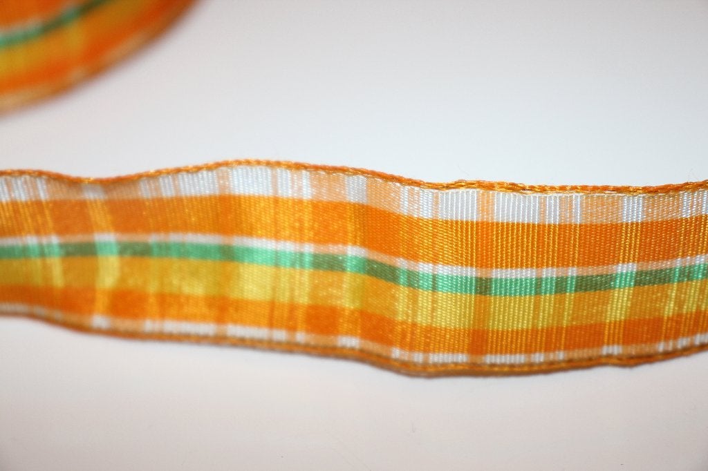 Lint met ijzerdraad - oranje groen geruit - 22mm #3627, Ophalen of Verzenden, Nieuw, Lint, Band of Elastiek