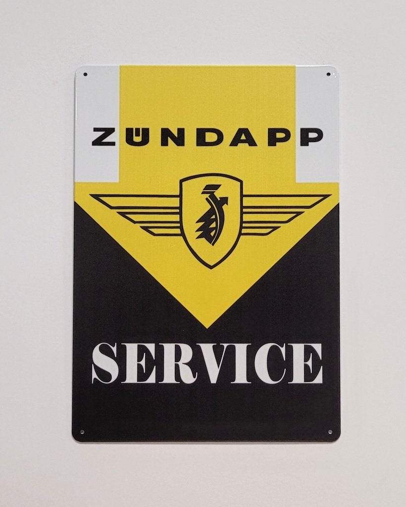 Zundapp service geel zwart reclamebord van metaal wandbord, Ophalen of Verzenden, Nieuw, Auto's