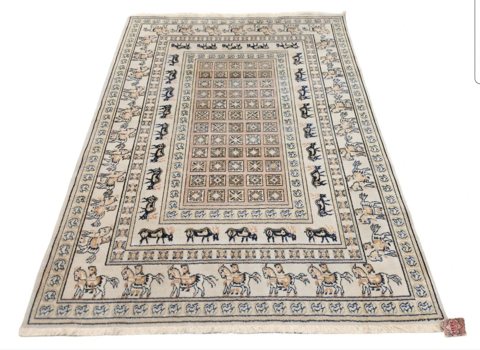 Vintage Perzisch wol Pazyryk Samarkand vloerkleed 140x200cm, Oosters, Klassiek, Dierenmotief, Geel, 150 tot 200 cm, 200 cm of meer