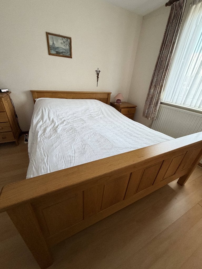 Eiken bed 160x200, elektrisch verstelbaar, incl. matrassen, Ophalen, Verstelbaar, Bruin, Tweepersoons