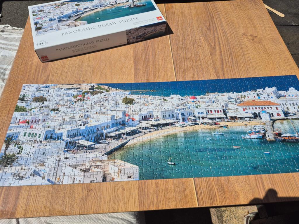 Panoramische legpuzzel Mykonos, 504 stukjes, Ophalen of Verzenden, 500 t/m 1500 stukjes, Zo goed als nieuw, Legpuzzel