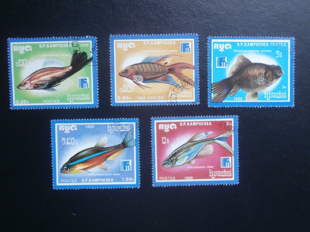 KAMPUCHEA 1988; set (5) VISSEN, Ophalen of Verzenden, Gestempeld, Dier of Natuur